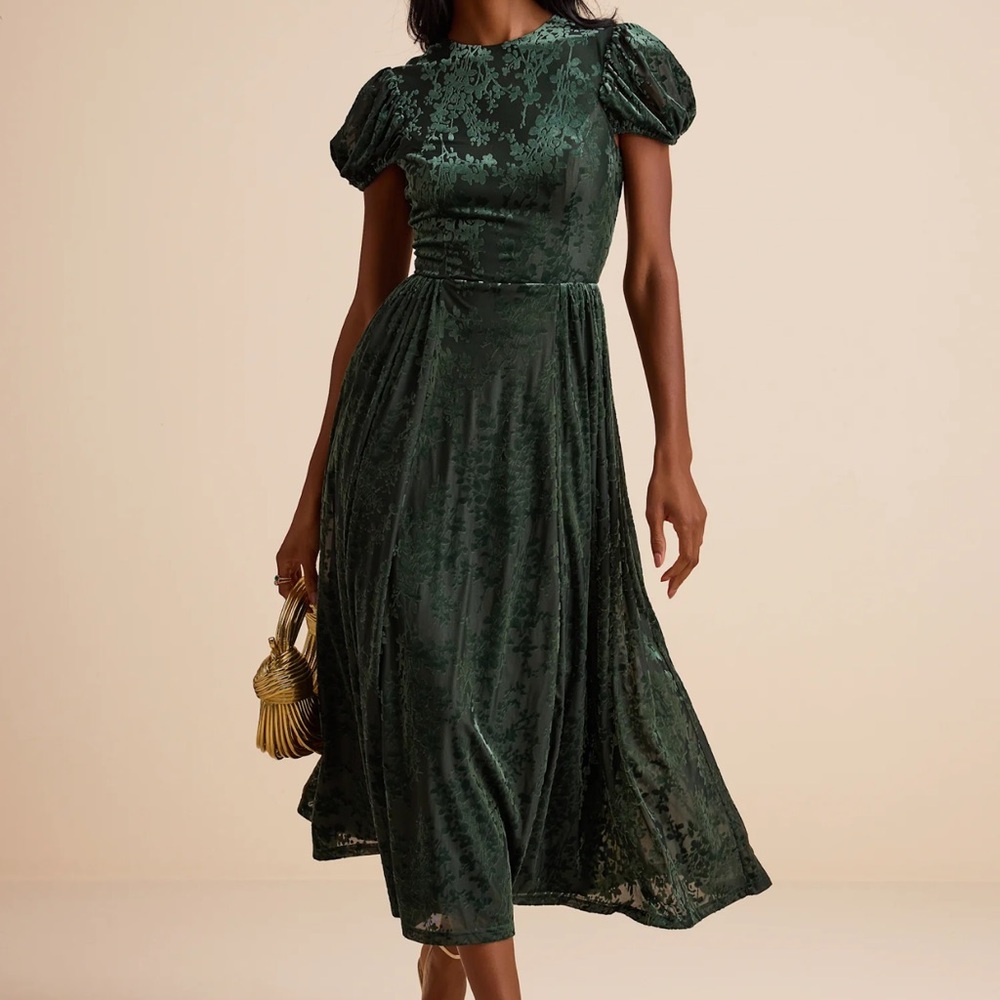 Lulus Arlie Emerald Velvet Burnout Puff Sleeve Midi Dress